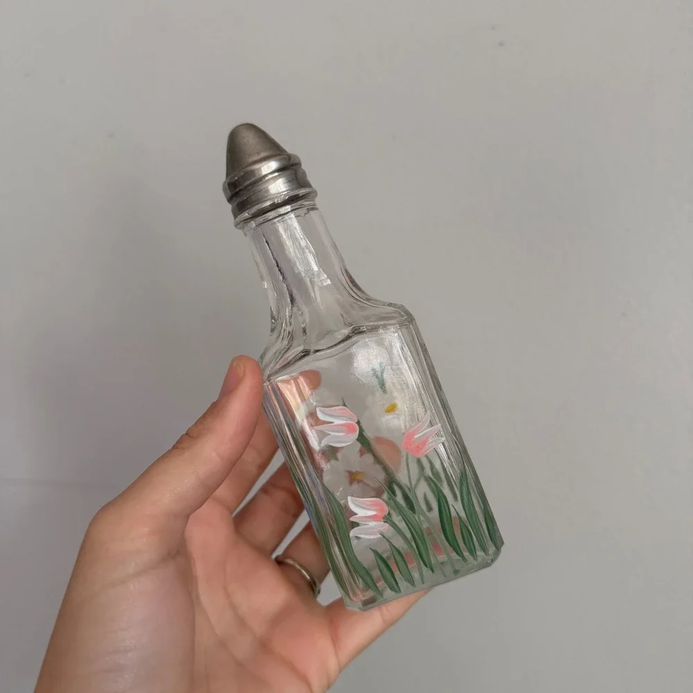 Vintage Hand Painted Floral Glass Shaker Bottle with Metal Cap 5.5 Inch